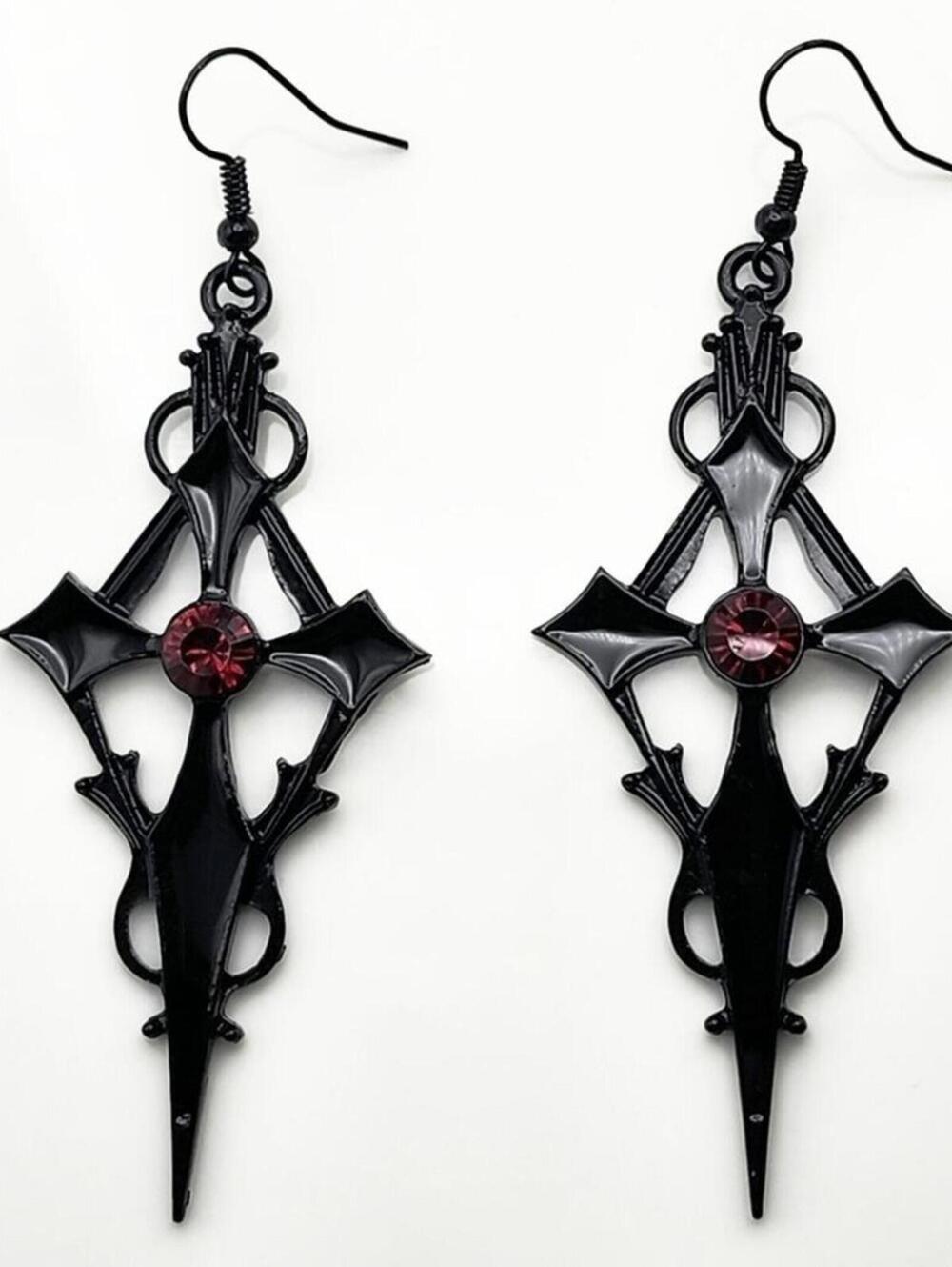 Blood Moon Daggers Red Jeweled Black Pointed Cross Earrings